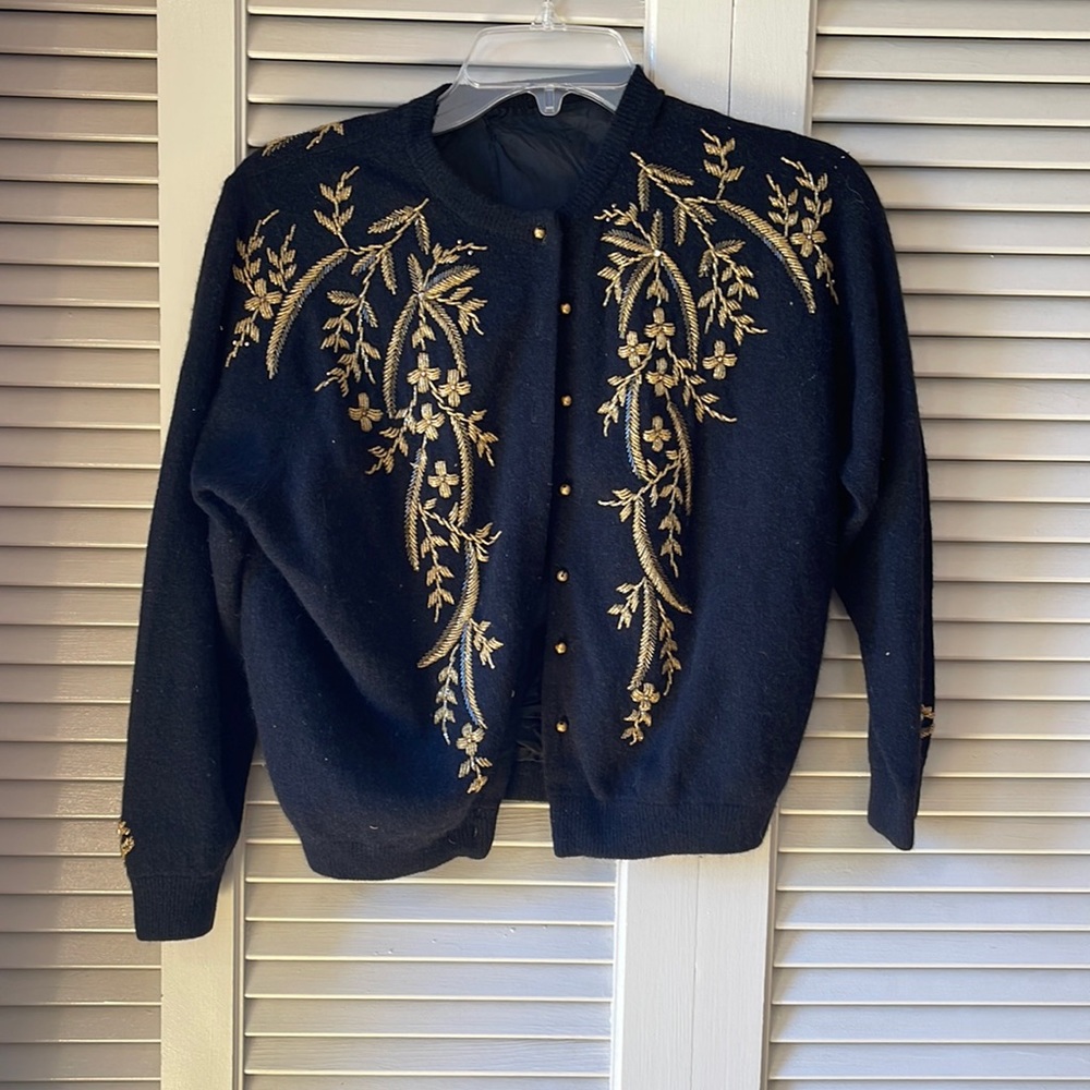 Vintage 50’s Beaded Black and Gold Sweater - Picture 1 of 6